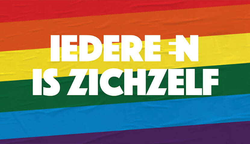 Regenboogvlag met de tekst: Iedereen is zichzelf